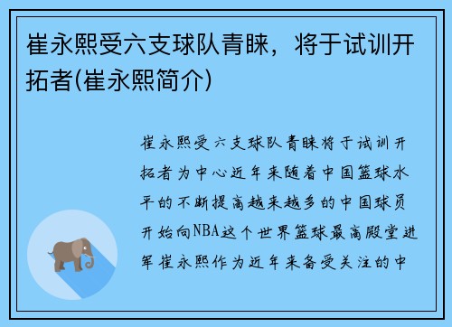 崔永熙受六支球队青睐，将于试训开拓者(崔永熙简介)